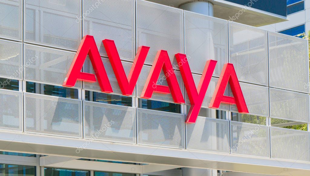 SANTA CLARA, CA/USA - JULY 29, 2017: Avaya corporate headquarters exterior and logo. Avaya is an American multinational technology specializing in voice data communication systems and services.