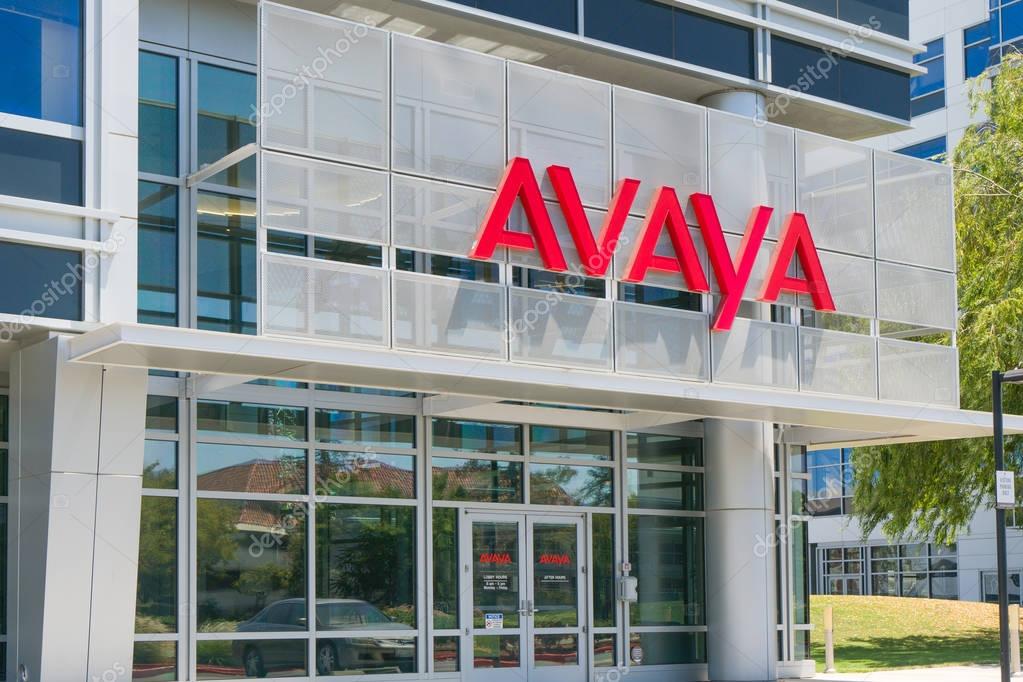 SANTA CLARA, CA/USA - JULY 29, 2017: Avaya corporate headquarters exterior and logo. Avaya is an American multinational technology specializing in voice data communication systems and services.