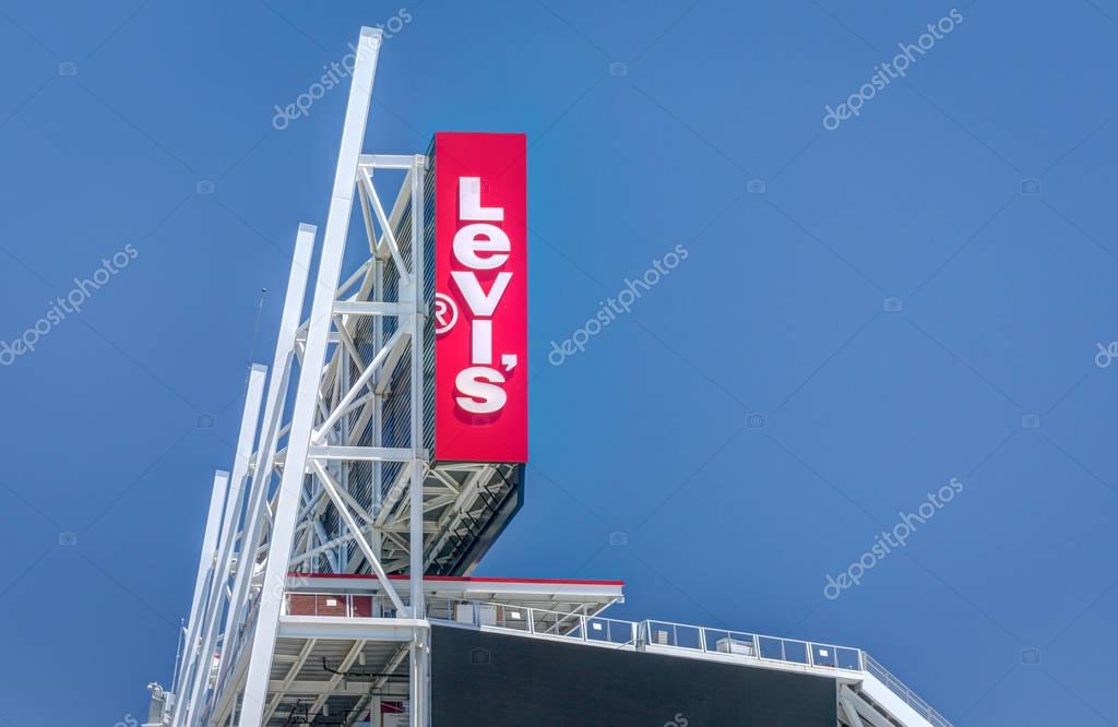 SANTA CLARA, CA/USA - JULY 29, 2017: Levi's Stadium exterior logo and trademark. Levi's Stadium is a football stadium and home of the San Francisco 49ers of the National Football League.