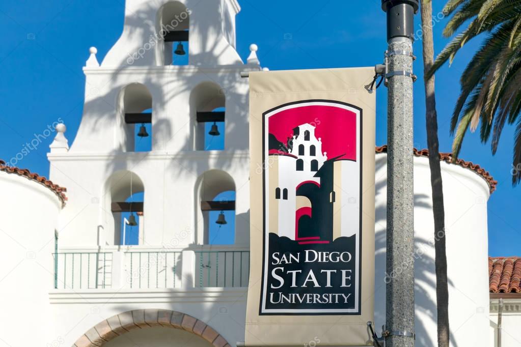 SAN DIEGO, CA/USA - JANUARY 13, 2018: Banner and logo on the campus of San Diego State University. SDSU, San Diego State is a public research university.