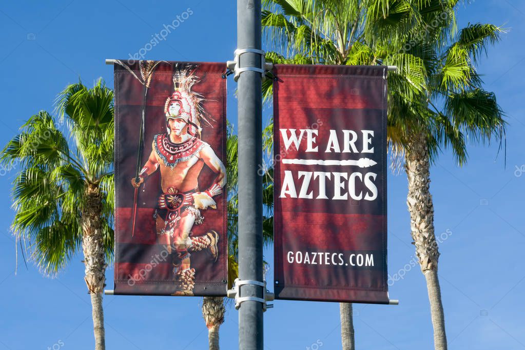 SAN DIEGO, CA/USA - JANUARY 13, 2018: Aztec mascot banner on the campus of San Diego State University. SDSU, San Diego State is a public research university.