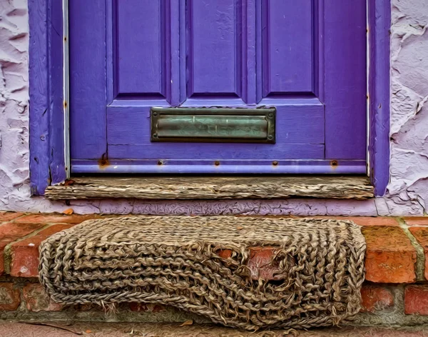 Puerta Púrpura Con Alfombra Gastada Pared Texturizada Estuco Veneciano —  Fotos de Stock