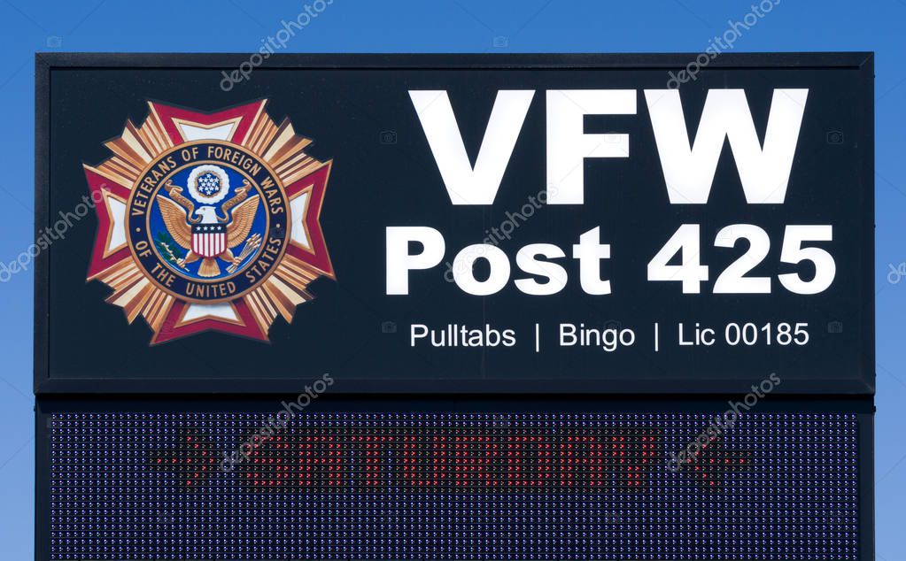 HOPKINS, MN/USA - MARCH 17, 2018: VFW Post 425 exterior sign and logo. The Veterans of Foreign Wars is a U.S. war veterans organization.