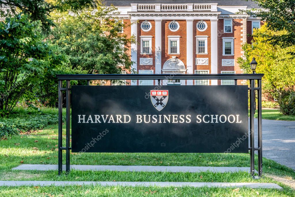 ALLSTON, MA/USA - SEPTEMBER 29, 2019: Entrance and sign to the Harvard Business School.