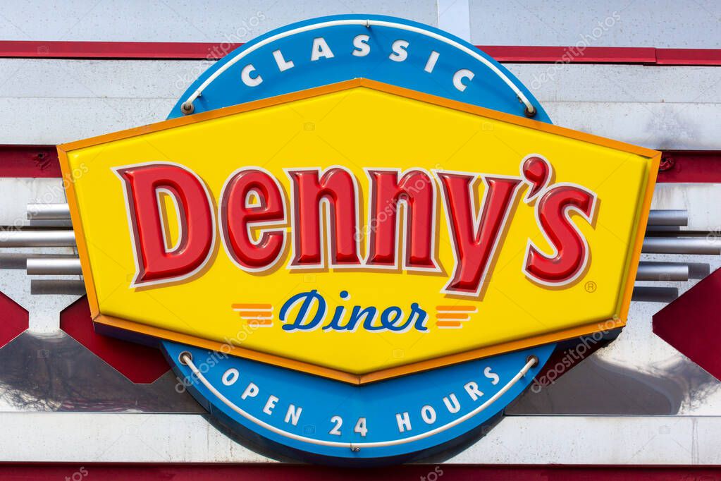 HUDSON, WI/USA - April 26, 2020: Denny's Classic Diner exterior and trademark logo.