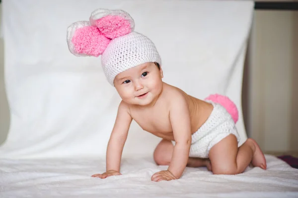 Portrait Asian Baby Hat Rabbit Ears White Background — Stock Photo, Image