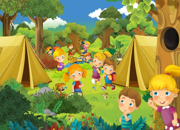 Kids having fun in the park - camping tents — Stock Photo, Image