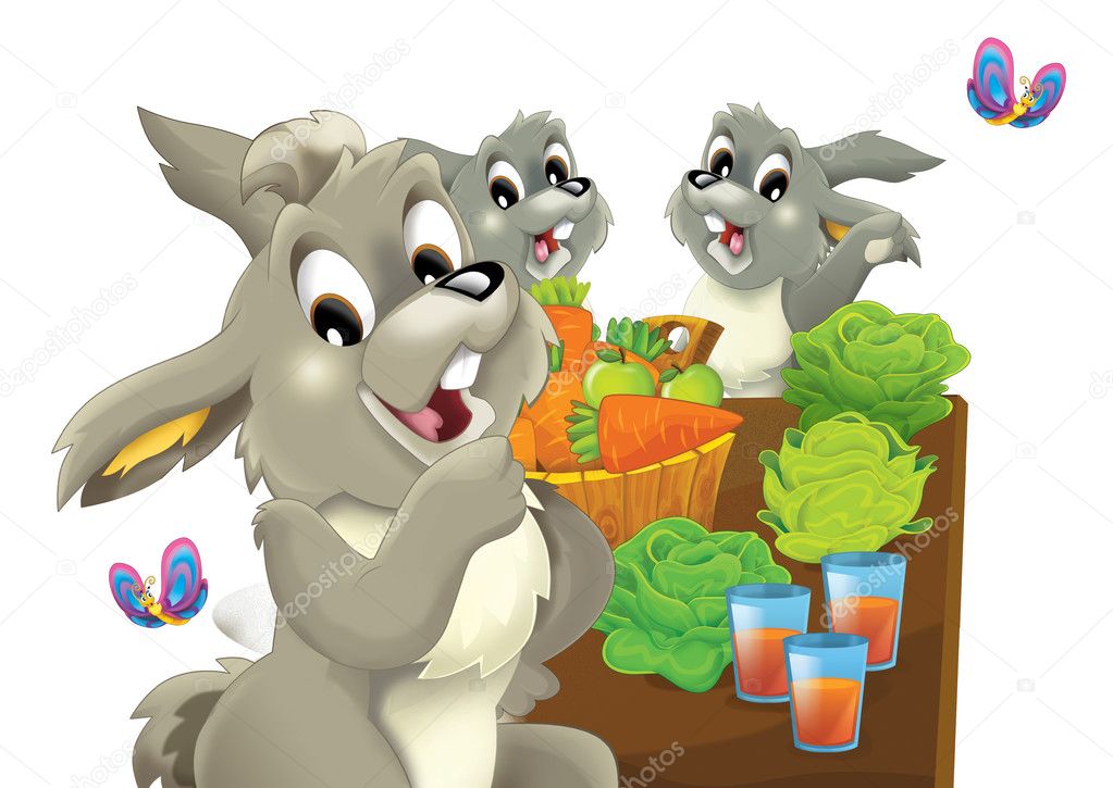 Cartoon happy rabbit eating carrot with friends by the table - isolated -  illustration for children Stock Photo by ©illustrator_hft 125427530