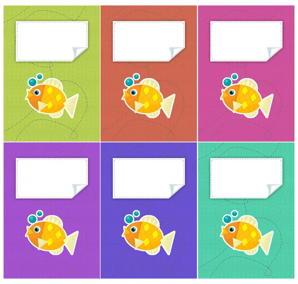 Cartoon set of colorful covers with gold fishes — Stock Photo, Image