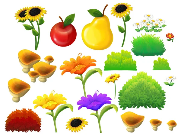 Jeu Dessins Animés Éléments Fleurs Fruits Champignons Buissons Illustration Pour — Photo