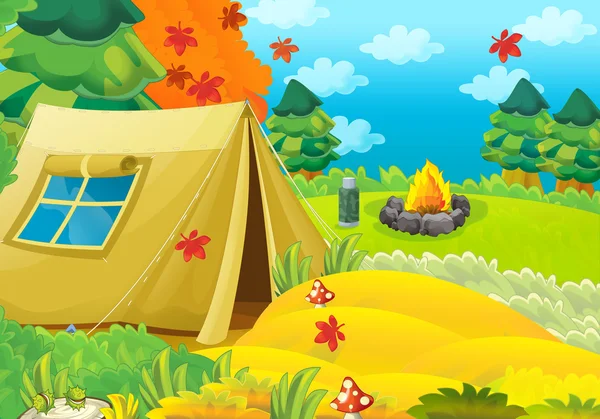 Scena dei cartoni animati di campeggio nella foresta - illustrazione per bambini — Foto Stock