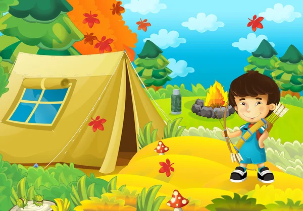 Мультфильм счастливый и веселый мальчик - с луком и стрелами - лучник - изолированный - иллюстрация для детей — стоковое фото