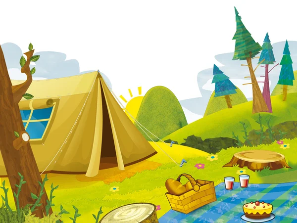 Escena de dibujos animados de camping en las montañas - tienda - ilustración para niños —  Fotos de Stock