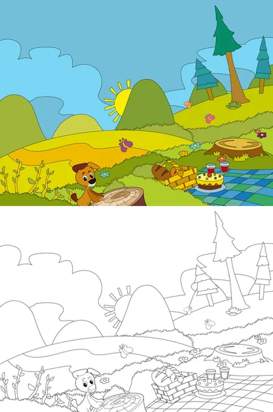 camping in the mountains - picnic and dog - with coloring page
