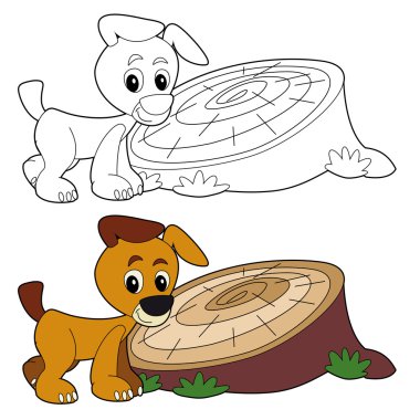 Ayakta ve çocuklar için - izole - illüstrasyon kesilmiş ağaç yakınındaki gülümseyen dostu köpek çizgi film