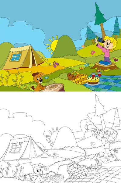 Cartoon Scene Camping Mountains Picnic Girl Her Dog Coloring Page — Stock Photo, Image