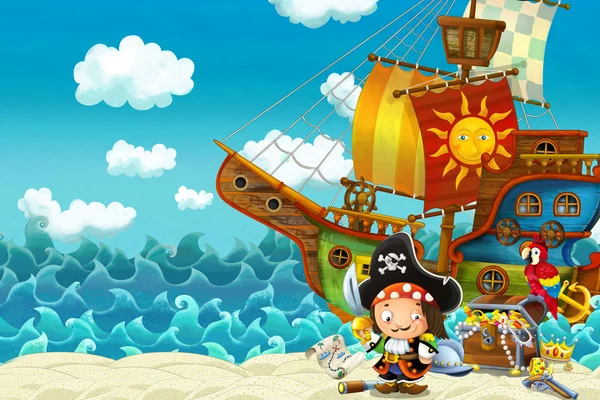 Pirate captain on the shore and treasure chest — Stock Photo, Image