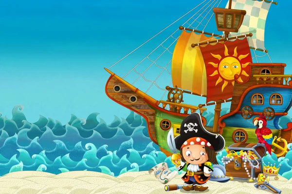 pirate captain on the shore and treasure chest