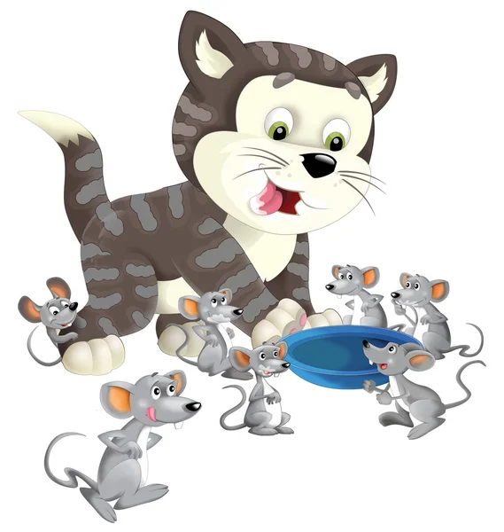 Cartoon happy cat stående leende och tänker runt möss - skål för mjölk - isolerade - illustration för barn — Stockfoto