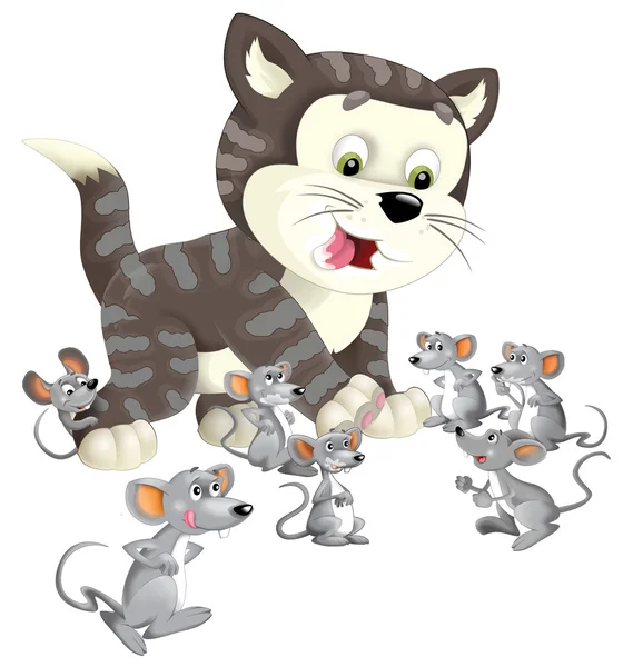 Gatto felice cartone animato in piedi sorridente e pensando intorno ai topi - isolato - illustrazione per i bambini — Foto Stock