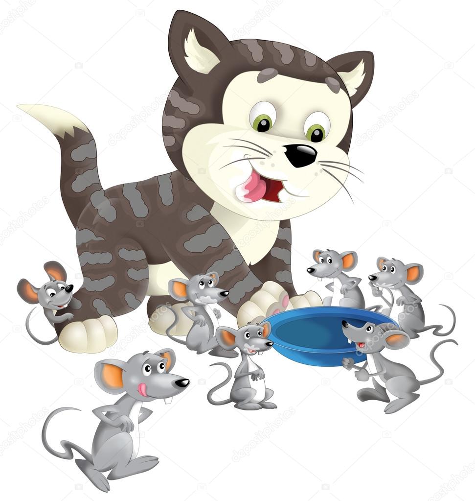 Cartoon happy cat standing smiling and thinking around the mice - bowl for milk - isolated - illustration for children