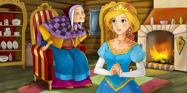 Cartoon traditionelle Szene mit alter Frau - Großmutter - junge Prinzessin - Illustration für Kinder — Stockfoto