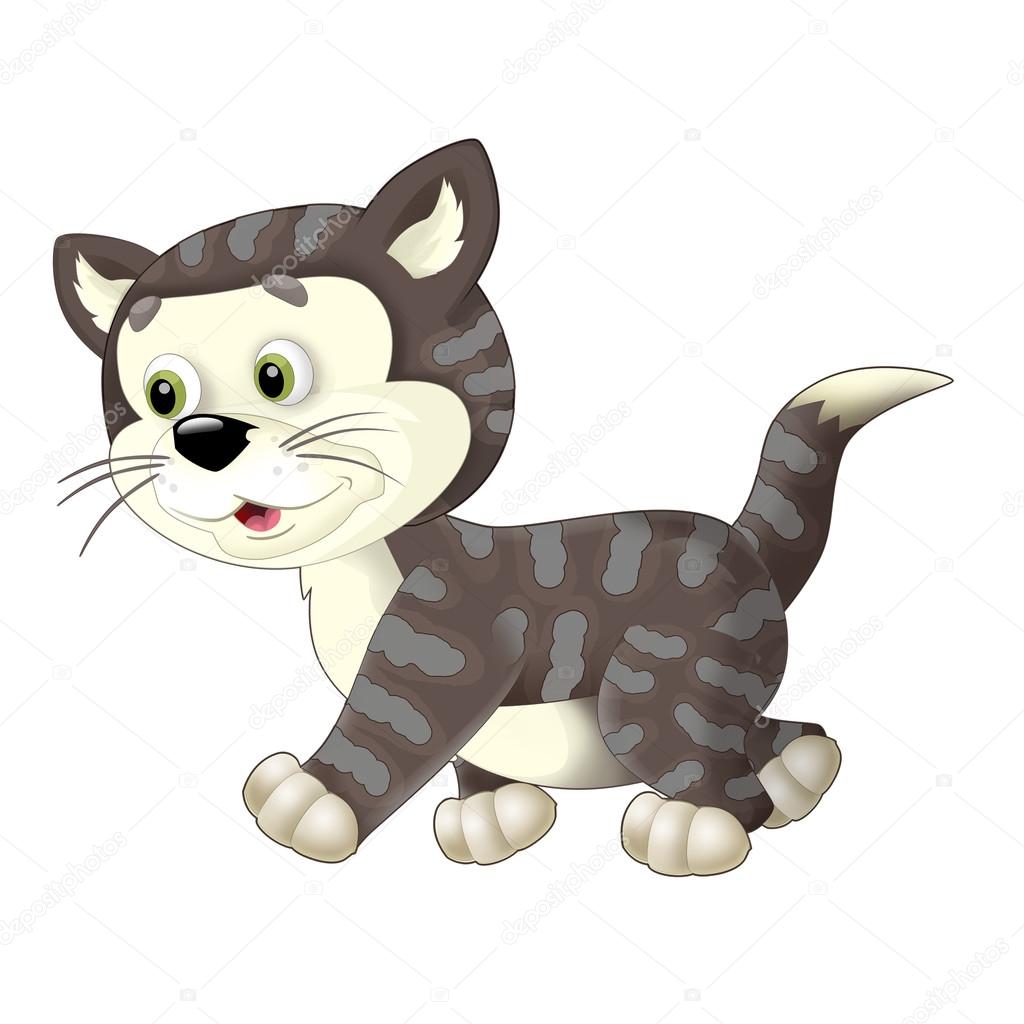Gatto felice del fumetto a piedi isolato illustrazione per bambini Felice e divertente isolato animale gatto scena per uso differente