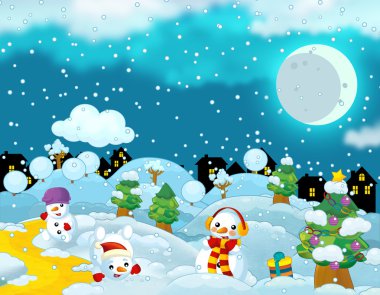 Noel sahne ile mutlu kardan adamlar eğleniyor