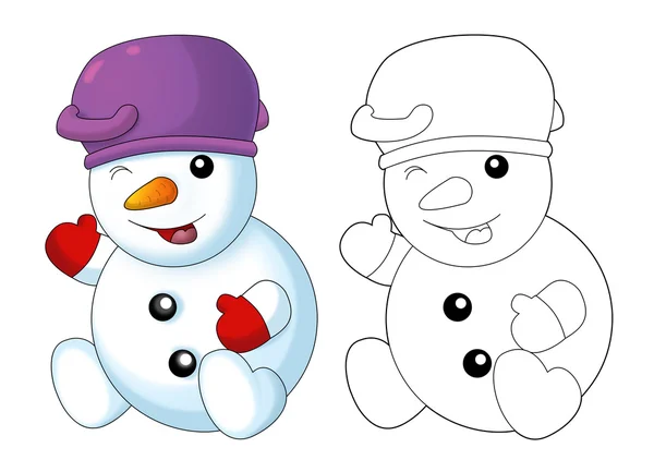 Happy cartoon snowmen - smiling and watching - with coloring page - isolated - illustration for children — Stock Photo, Image