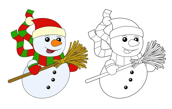 Щасливі мультяшні сніговики посміхаються рухатися і дивитися ізольовані з розмальовками сторінка ілюстрація для дітей — стокове фото