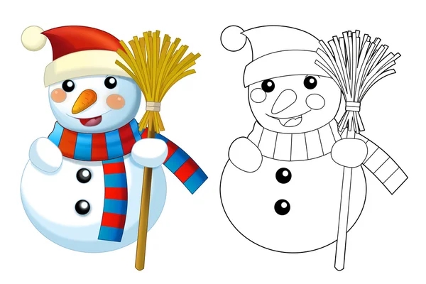 Muñecos de nieve de dibujos animados felices - sonriendo y mirando - con página para colorear - aislado - ilustración para niños —  Fotos de Stock