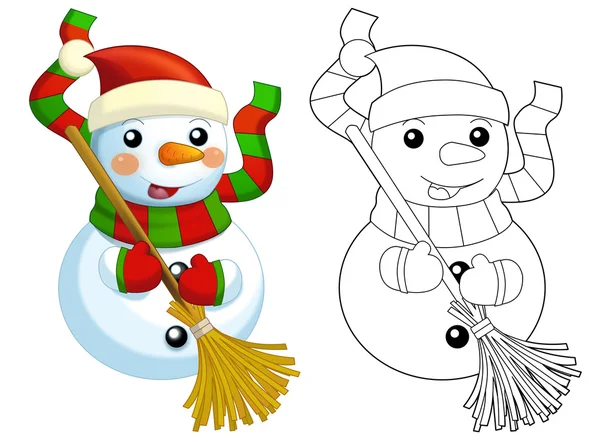 Happy cartoon snowmen - smiling and watching - with coloring page - isolated - illustration for children — ストック写真