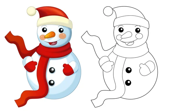 Happy cartoon snowmen - smiling and watching - isolated - with coloring page - illustration for children — Stock Photo, Image