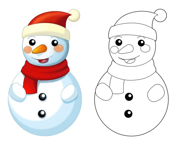 Щасливі мультяшні сніговики - стоячи дивитися і посміхатися - привітання з кимось - ізольовані - з розмальовкою сторінки - ілюстрація для дітей — стокове фото
