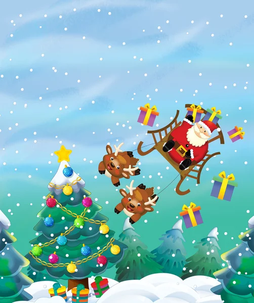De kerstman vliegt met de zak vol cadeautjes. — Stockfoto
