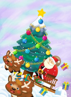 Noel Baba hediyelerle dolu çuvalla uçuyor.