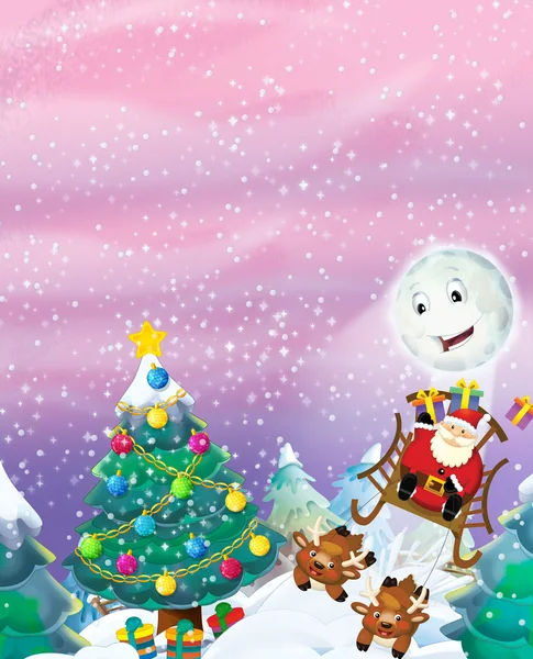 Санта Клаус летит с мешком подарков — стоковое фото