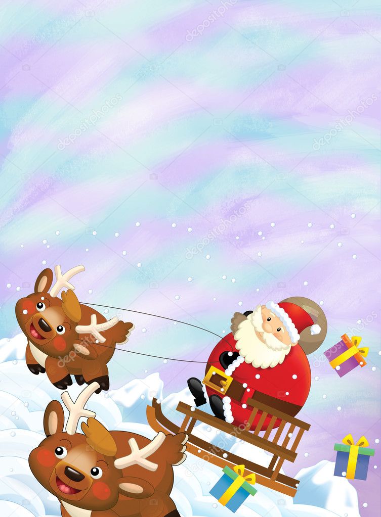 The santa claus flying with the sack full of presents