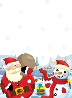 Noel Baba ve kardan adam ile ayakta ve gülümseyen hediye