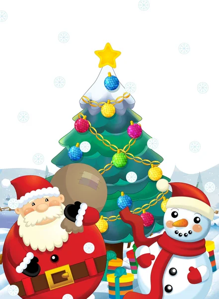 The santa claus with gifts - happy snowman — Stockfoto
