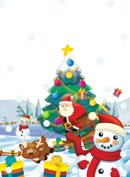 Santa claus with gifts - happy reindeer and snowman — ストック写真