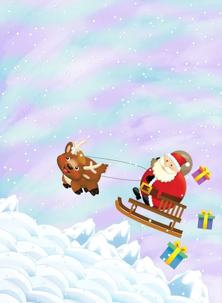 Santa claus flying with the sack full of presents — Stock Photo, Image