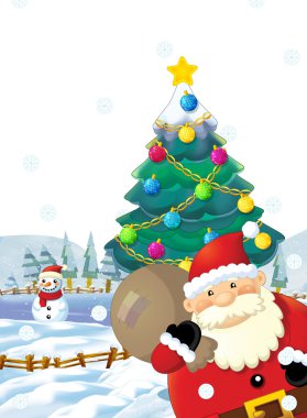 Çizgi film Noel Baba ile ayakta ve gülümseyen - hediye - çocuklar için mutlu kardan adam - Noel ağacı - illüstrasyon - Noel tasarım sunar