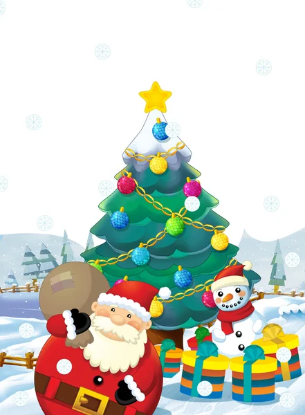 Cartoon santa claus with presents standing and smiling - gifts - happy snowman - christmas tree - illustration for children - christmas design — Stockfoto