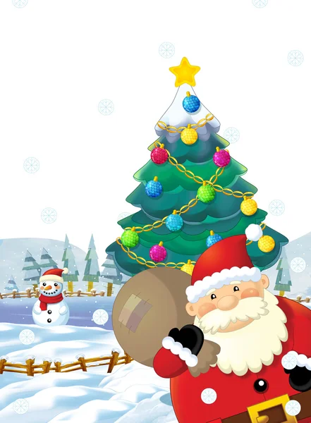 Cartoon santa claus with presents standing and smiling - gifts - happy snowman - christmas tree - illustration for children - christmas design