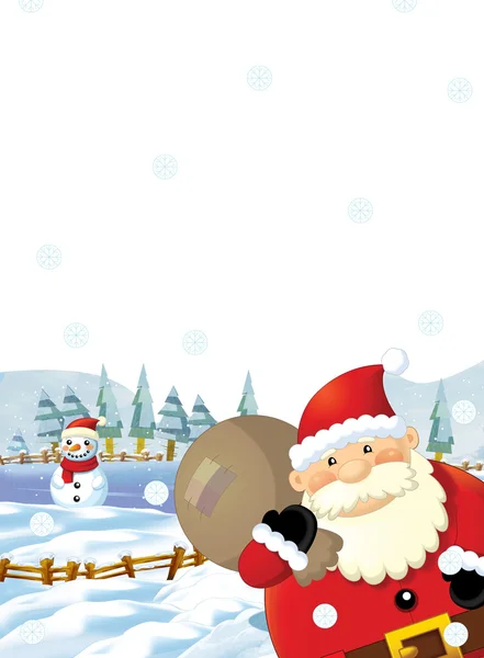 Cartoon santa claus with presents standing and smiling - gifts - happy snowman - illustration for children - christmas design — ストック写真