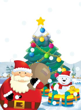 Çizgi film Noel Baba ile ayakta ve gülümseyen - hediye - çocuklar için mutlu kardan adam - Noel ağacı - illüstrasyon - Noel tasarım sunar