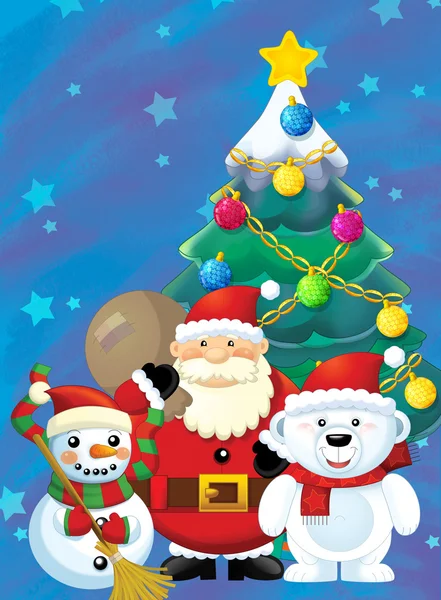 The santa claus - happy snowman and polar bear