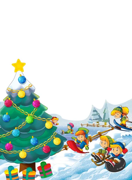 Χριστούγεννα σκηνή με ευτυχής παιδιά και χριστουγεννιάτικο δέντρο — Φωτογραφία Αρχείου