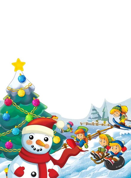 Happy cartoon christmas scene with happy kids and christmas tree - illustration for children